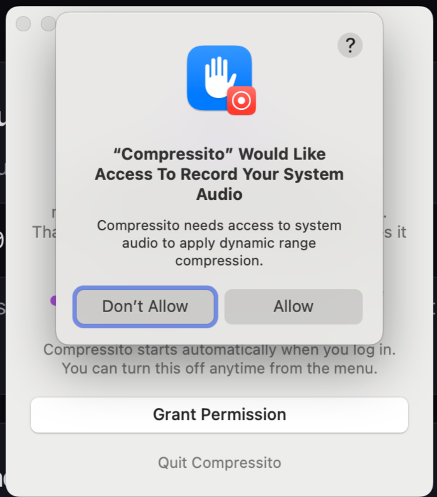 macOS asking permission to record system audio — click Allow