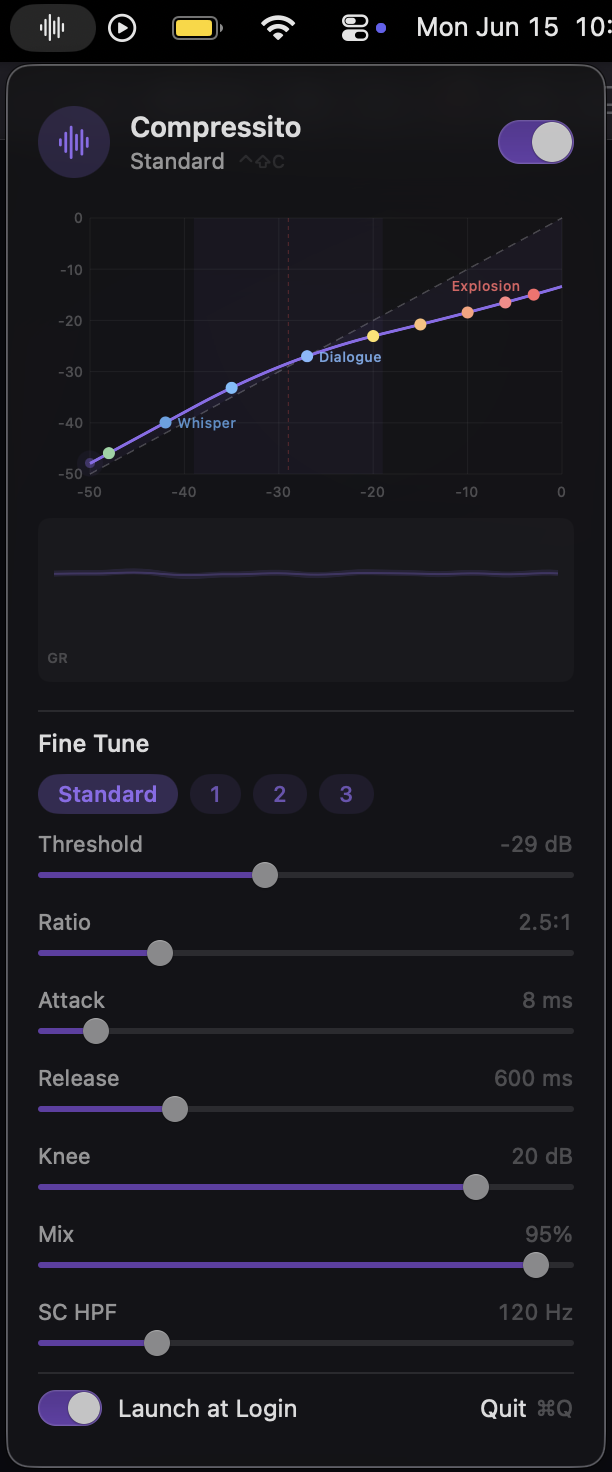 Compressito running in the menu bar — compression curve and fine-tune controls